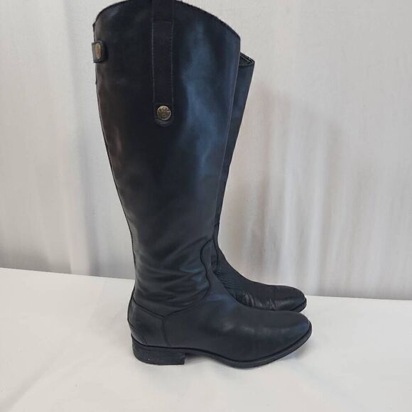 Sam Edelman Size 8.5 Penny Riding Boots Black Leather Knee High Zip Snap Block H - Picture 3 of 10